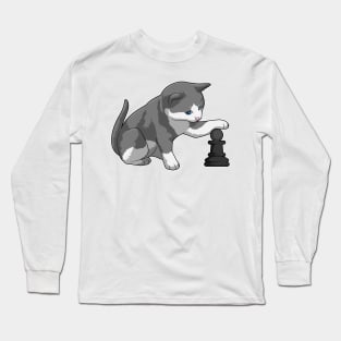 Cat at Chess with Chess piece Bishop Long Sleeve T-Shirt